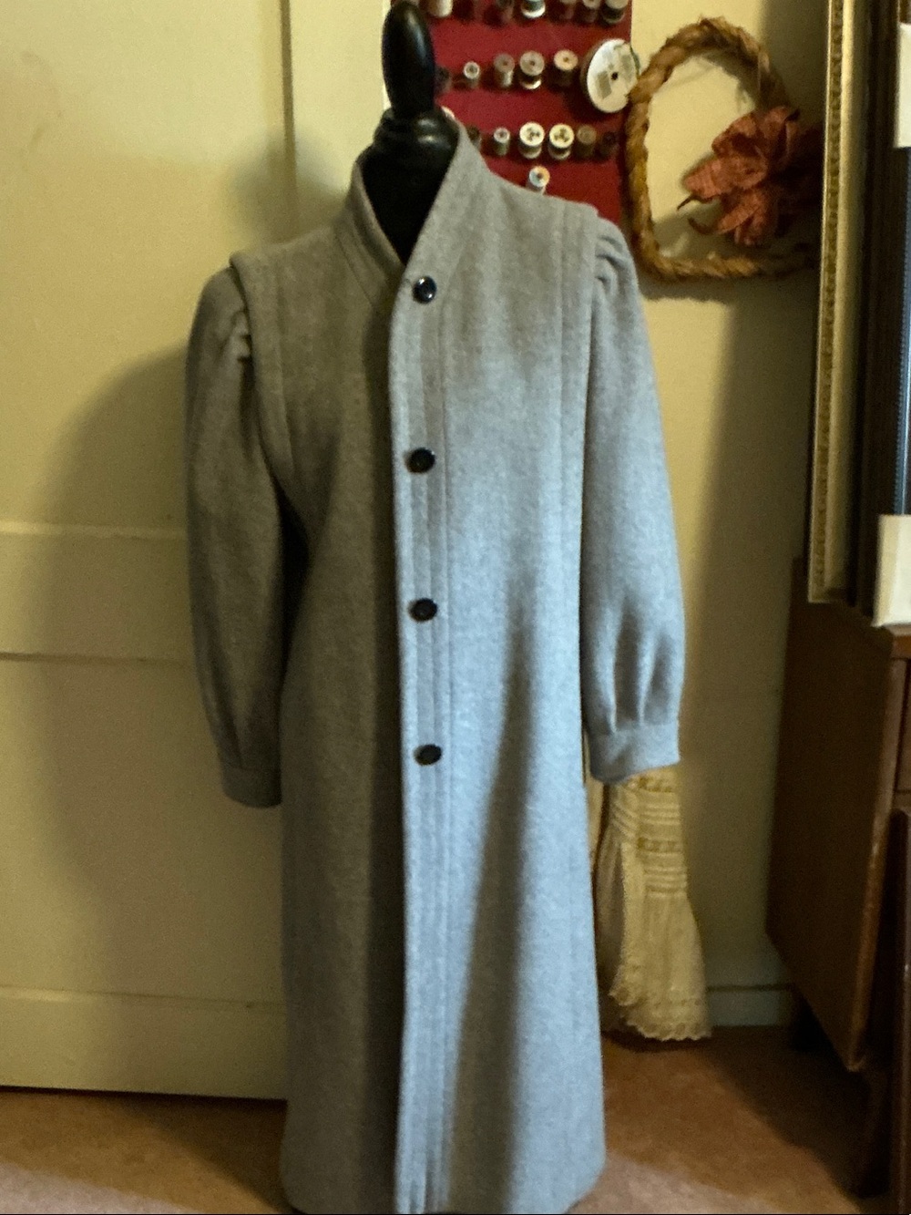 Women's Gray Pea Coat with Stand Collar